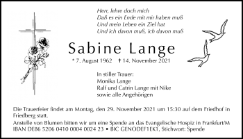 Traueranzeige von Sabine Lange von Wetterauer Zeitung, Wetterauer Zeitung