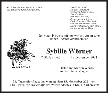Traueranzeige von Sybille Wörner von Bad Vilbel/Karben