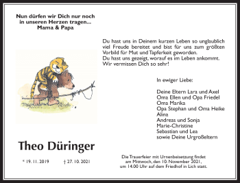 Traueranzeige von Theo Düringer von Laubacher Anzeiger