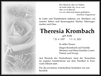 Traueranzeige von Theresia Krombach von Giessener Allgemeine, Alsfelder Allgemeine, Giessener Allgemeine, Alsfelder Allgemeine, Giessener Anzeiger
