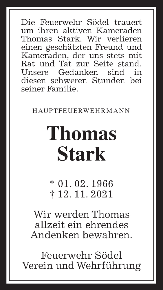  Traueranzeige für Thomas Stark vom 27.11.2021 aus Wetterauer Zeitung