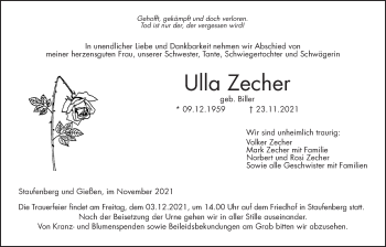 Traueranzeige von Ulla Zecher von Giessener Allgemeine, Alsfelder Allgemeine