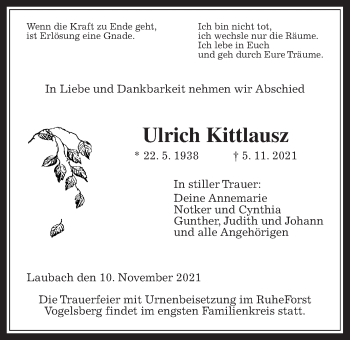 Traueranzeige von Ulrich Kittlausz von Laubacher Anzeiger