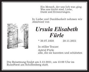 Traueranzeige von Ursula Elisabeth Fürle von Giessener Allgemeine, Alsfelder Allgemeine, Giessener Anzeiger
