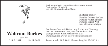 Traueranzeige von Waltraut Backes von Pohlheimer Nachrichten