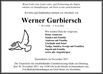 Traueranzeige von Werner Gurbiersch von Kreis-Anzeiger