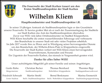 Traueranzeige von Wilhelm Kliem von Bad Vilbel/Karben