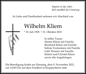 Traueranzeige von Wilhelm Kliem von Bad Vilbel/Karben