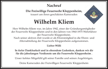 Traueranzeige von Wilhelm Kliem von Bad Vilbel/Karben