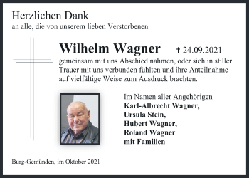 Traueranzeige von Wilhelm Wagner von Giessener Allgemeine, Alsfelder Allgemeine