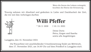Traueranzeige von Willi Pfeffer 