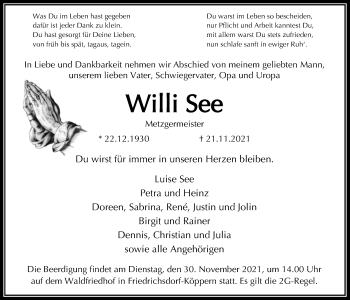 Traueranzeige von Willi See von Wetterauer Zeitung