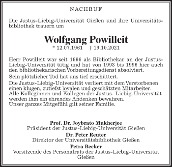 Traueranzeige von Wolfgang Powilleit von Giessener Allgemeine, Alsfelder Allgemeine