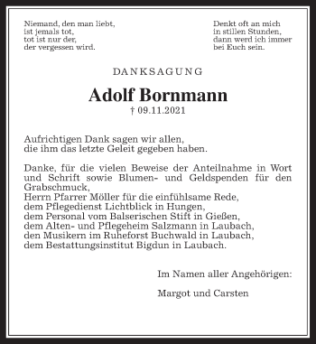 Traueranzeige von Adolf Bornmann von Giessener Allgemeine, Alsfelder Allgemeine