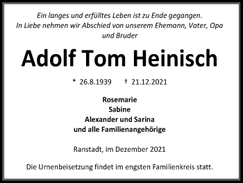 Traueranzeige von Adolf Tom Heinisch von Kreis-Anzeiger