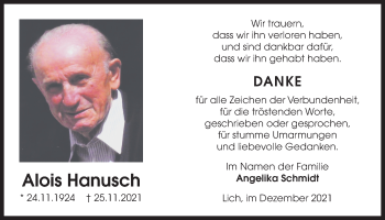 Traueranzeige von Alois Hanusch von Licher Wochenblatt