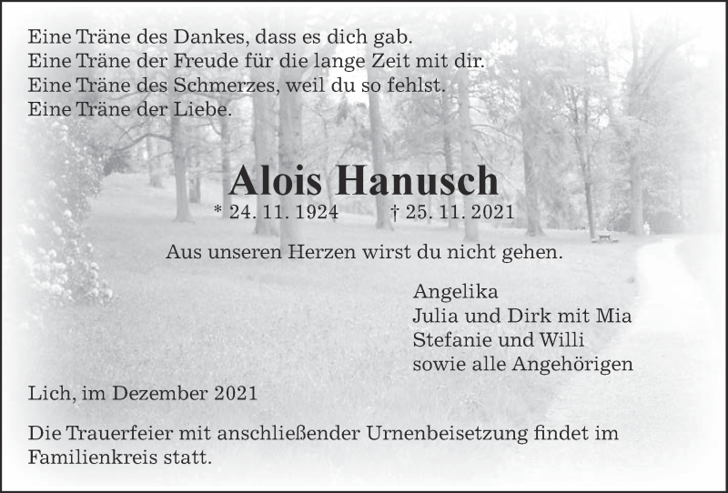  Traueranzeige für Alois Hanusch vom 02.12.2021 aus Licher Wochenblatt