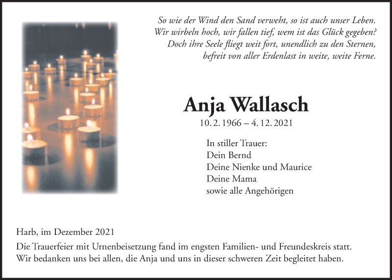  Traueranzeige für Anja Wallasch vom 22.12.2021 aus Kreis-Anzeiger