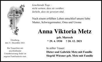 Traueranzeige von Anna Viktoria Metz von Kreis-Anzeiger