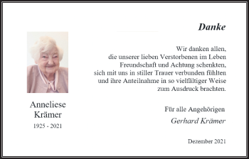 Traueranzeige von Anneliese Krämer von Bad Vilbel/Karben