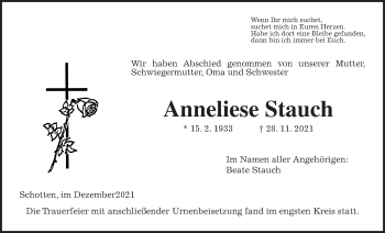 Traueranzeige von Anneliese Stauch von Kreis-Anzeiger