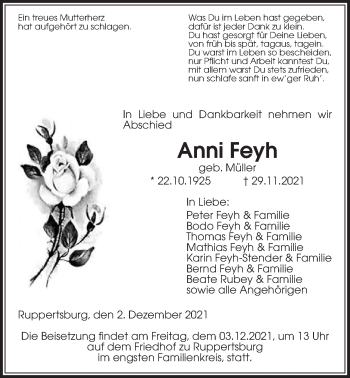 Traueranzeige von Anni Feyh von Giessener Allgemeine, Alsfelder Allgemeine, Laubacher Anzeiger