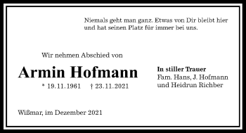 Traueranzeige von Armin Hofmann von Giessener Allgemeine, Alsfelder Allgemeine