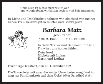 Traueranzeige von Barbara Matz von Wetterauer Zeitung