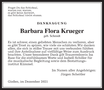 Traueranzeige von Barbara Flora Krueger von Giessener Allgemeine, Alsfelder Allgemeine