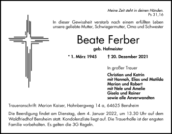 Traueranzeige von Beate Ferber von Wetterauer Zeitung