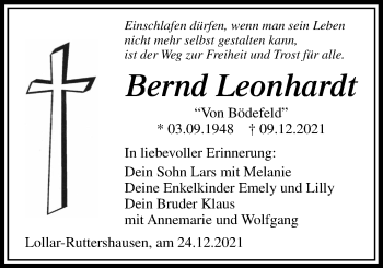 Traueranzeige von Bernd Leonhardt von Giessener Allgemeine, Alsfelder Allgemeine