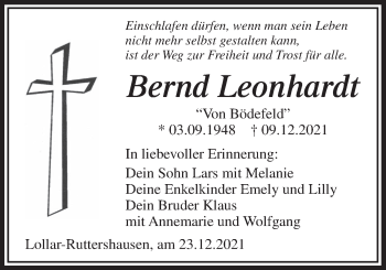 Traueranzeige von Bernd Leonhardt von Giessener Allgemeine, Alsfelder Allgemeine