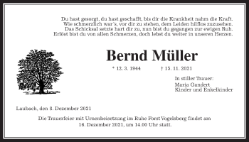 Traueranzeige von Bernd Müller von Laubacher Anzeiger