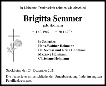 Traueranzeige von Brigitta Semmer von Kreis-Anzeiger