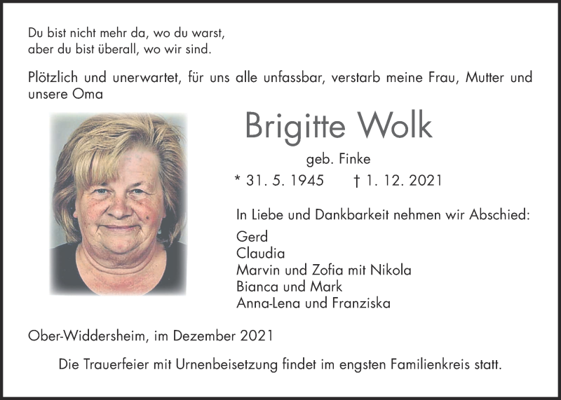  Traueranzeige für Brigitte Wolk vom 04.12.2021 aus Kreis-Anzeiger