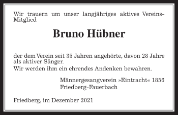 Traueranzeige von Bruno Hübner von Wetterauer Zeitung