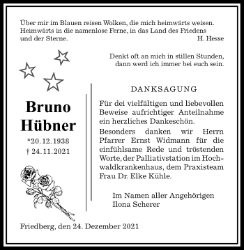 Traueranzeige von Bruno Hübner von Wetterauer Zeitung