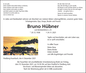 Traueranzeige von Bruno Hübner von Wetterauer Zeitung