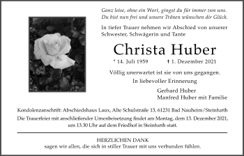Traueranzeige von Christa Huber von Wetterauer Zeitung
