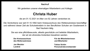 Traueranzeige von Christa Huber von Wetterauer Zeitung
