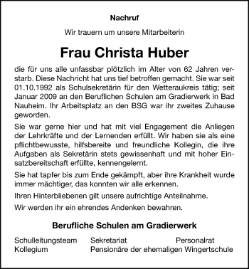 Traueranzeige von Christa Huber von Wetterauer Zeitung