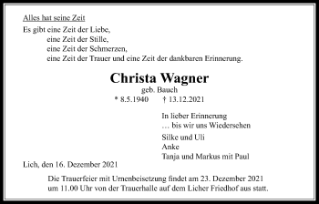 Traueranzeige von Christa Wagner von Licher Wochenblatt