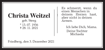 Traueranzeige von Christa Weitzel von Wetterauer Zeitung, 