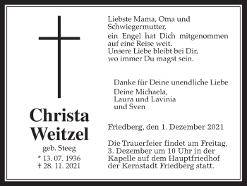 Traueranzeige von Christa Weitzel von Wetterauer Zeitung, 