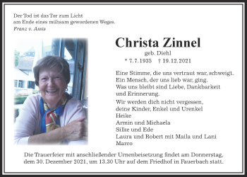 Traueranzeige von Christa Zinnel von Wetterauer Zeitung