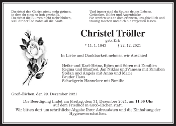 Traueranzeige von Christel Tröller von Giessener Allgemeine, Alsfelder Allgemeine