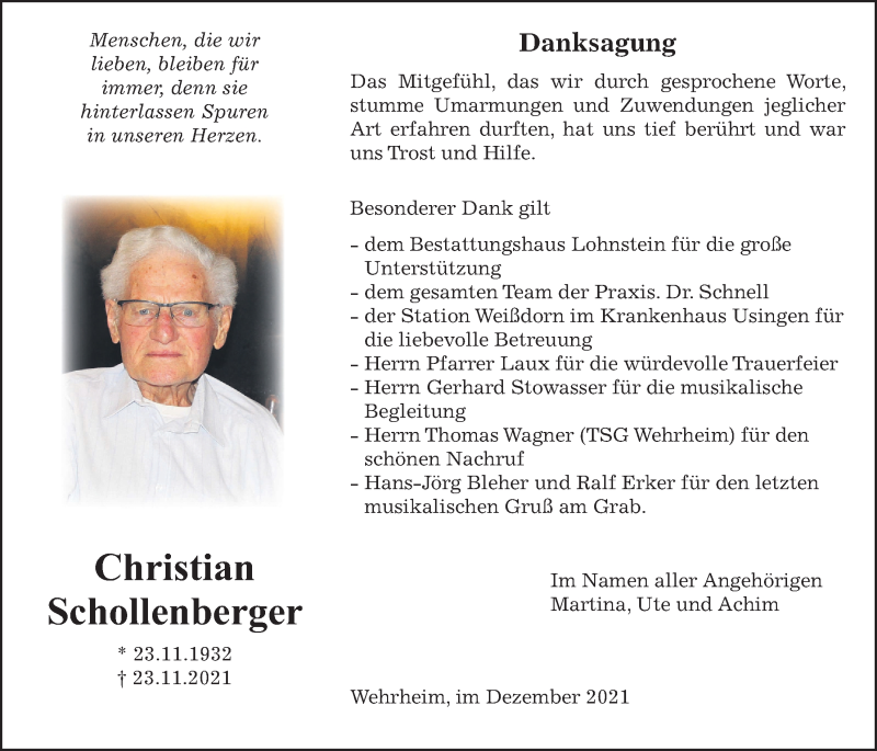  Traueranzeige für Christian Schollenberger vom 18.12.2021 aus Usinger Anzeiger