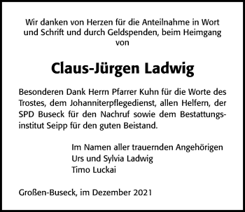 Traueranzeige von Claus-Jürgen Ladwig von Giessener Allgemeine, Alsfelder Allgemeine