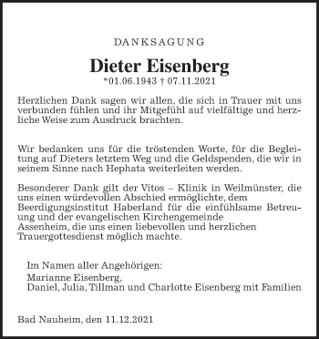 Traueranzeige von Dieter Eisenberg von Wetterauer Zeitung