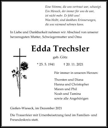 Traueranzeige von Edda Trechsler von Giessener Allgemeine, Alsfelder Allgemeine